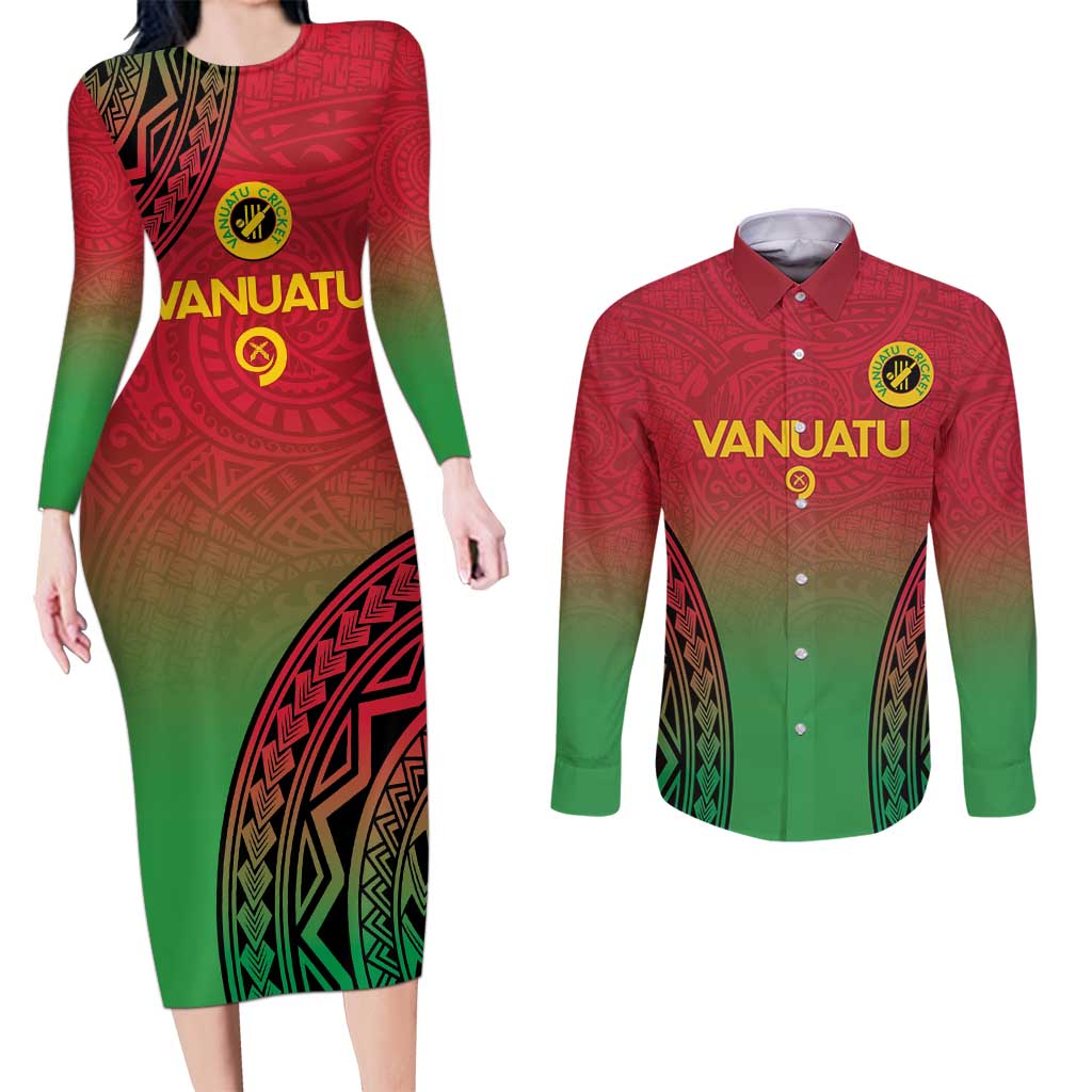 Custom Vanuatu Cricket Couples Matching Long Sleeve Bodycon Dress and Long Sleeve Button Shirt 2024 Polynesian Pattern Sporty Style LT14 Red - Polynesian Pride