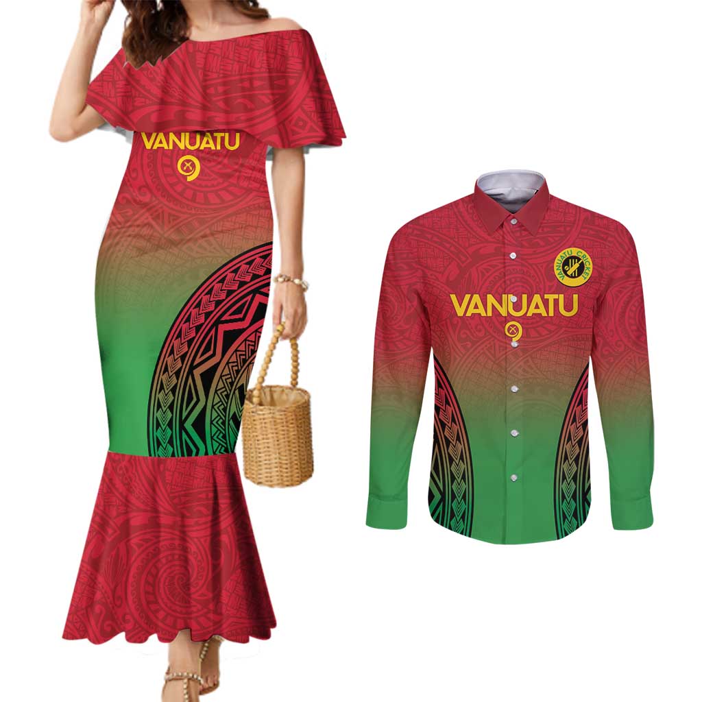 Custom Vanuatu Cricket Couples Matching Mermaid Dress and Long Sleeve Button Shirt 2024 Polynesian Pattern Sporty Style LT14 Red - Polynesian Pride
