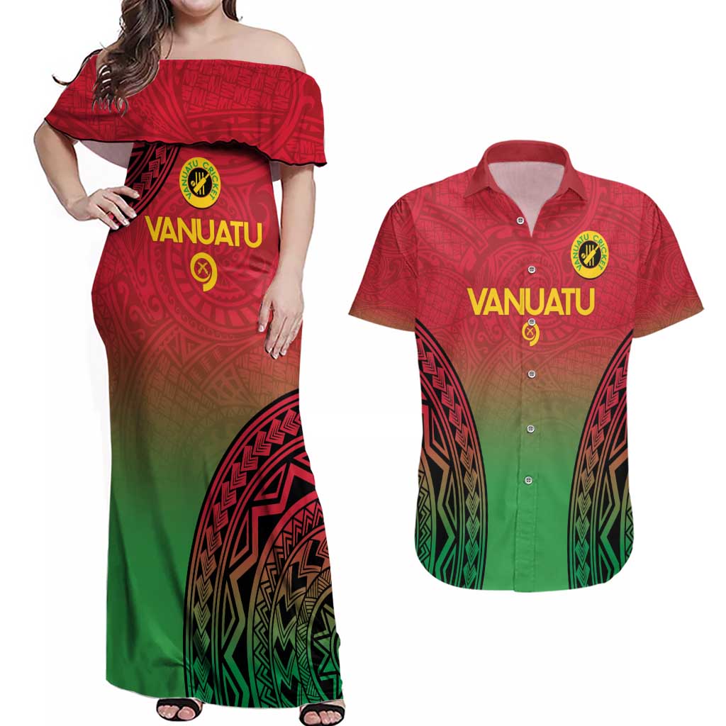 Custom Vanuatu Cricket Couples Matching Off Shoulder Maxi Dress and Hawaiian Shirt 2024 Polynesian Pattern Sporty Style
