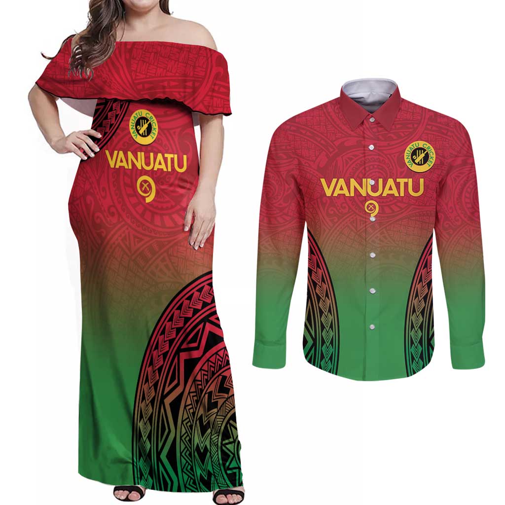 Custom Vanuatu Cricket Couples Matching Off Shoulder Maxi Dress and Long Sleeve Button Shirt 2024 Polynesian Pattern Sporty Style LT14 Red - Polynesian Pride