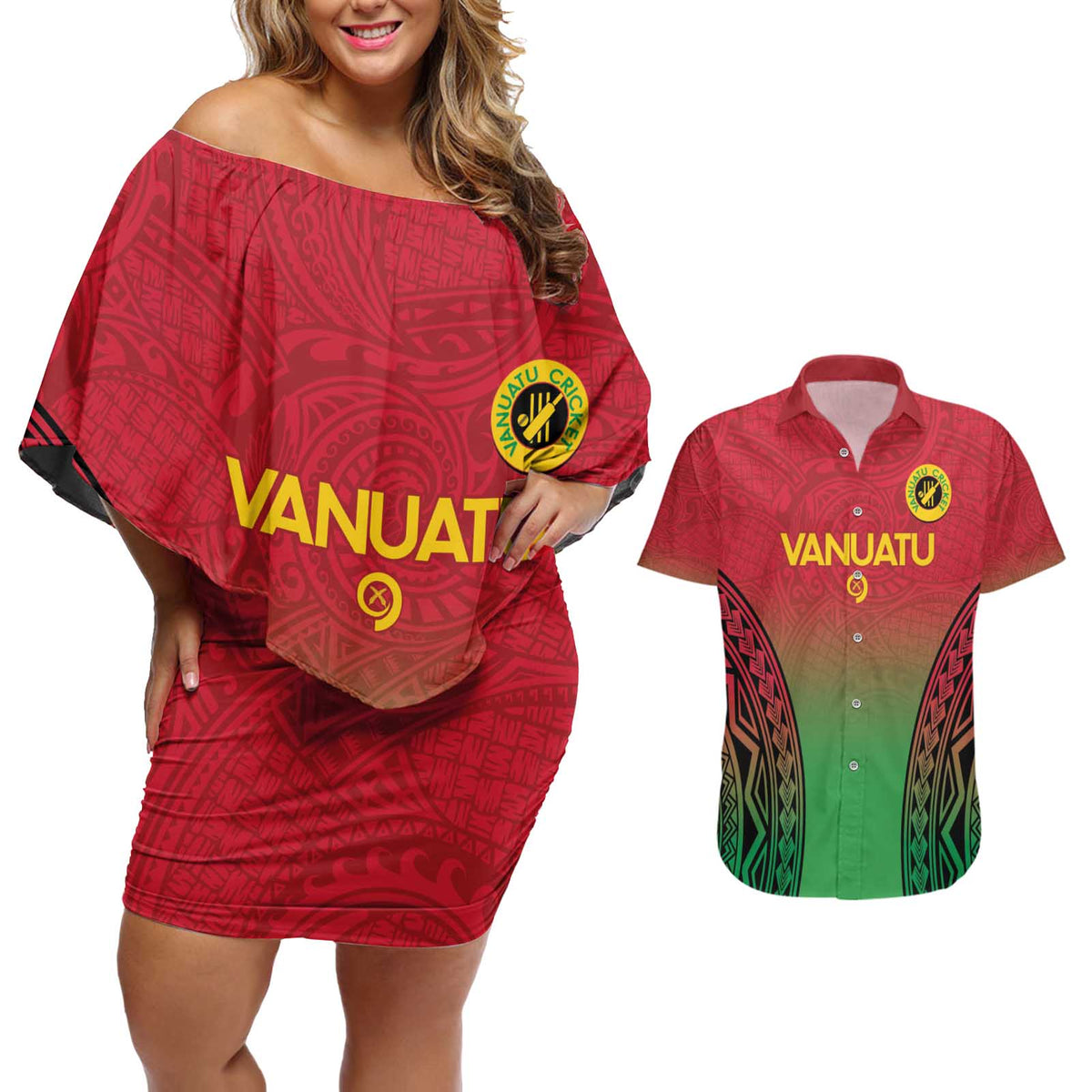 Custom Vanuatu Cricket Couples Matching Off Shoulder Short Dress and Hawaiian Shirt 2024 Polynesian Pattern Sporty Style LT14 Red - Polynesian Pride