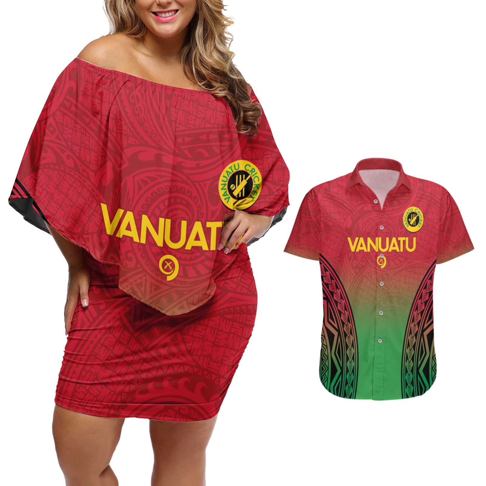 Custom Vanuatu Cricket Couples Matching Off Shoulder Short Dress and Hawaiian Shirt 2024 Polynesian Pattern Sporty Style