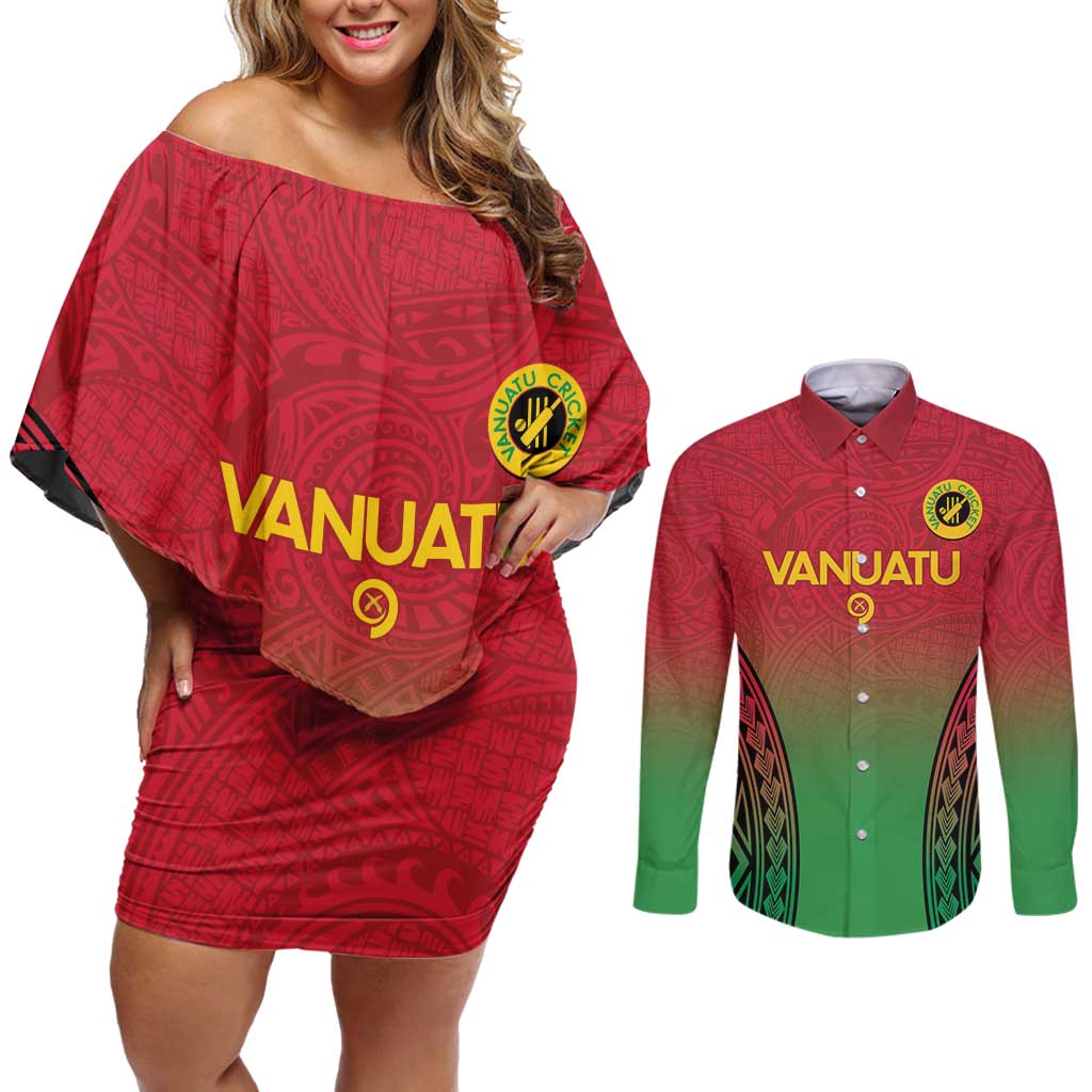 Custom Vanuatu Cricket Couples Matching Off Shoulder Short Dress and Long Sleeve Button Shirt 2024 Polynesian Pattern Sporty Style LT14 Red - Polynesian Pride