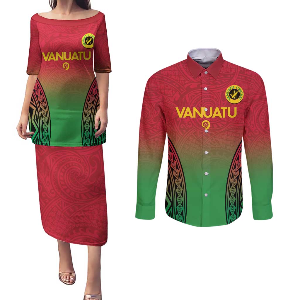 Custom Vanuatu Cricket Couples Matching Puletasi and Long Sleeve Button Shirt 2024 Polynesian Pattern Sporty Style LT14 Red - Polynesian Pride