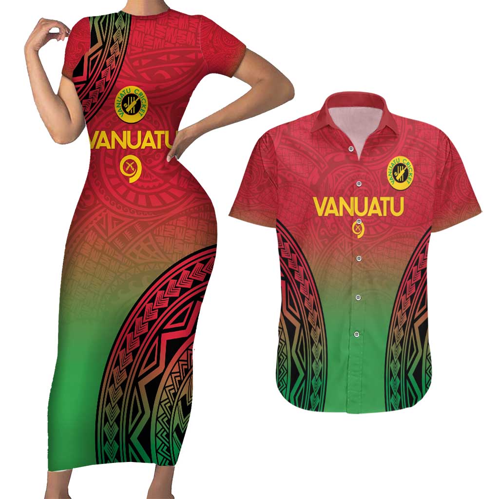 Custom Vanuatu Cricket Couples Matching Short Sleeve Bodycon Dress and Hawaiian Shirt 2024 Polynesian Pattern Sporty Style LT14 Red - Polynesian Pride