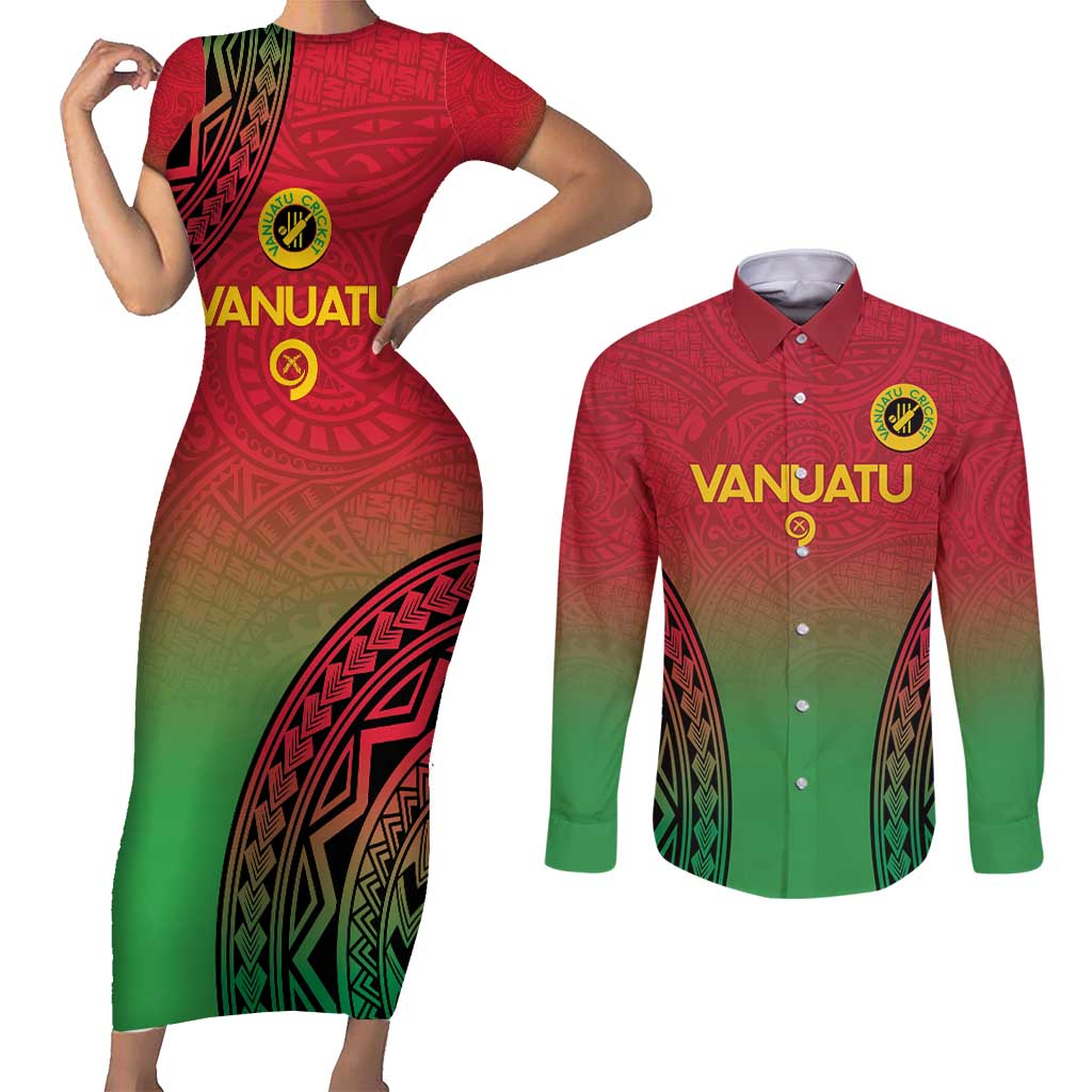 Custom Vanuatu Cricket Couples Matching Short Sleeve Bodycon Dress and Long Sleeve Button Shirt 2024 Polynesian Pattern Sporty Style