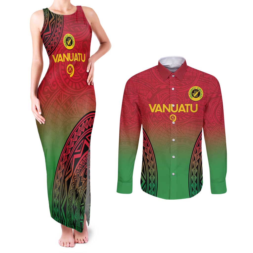 Custom Vanuatu Cricket Couples Matching Tank Maxi Dress and Long Sleeve Button Shirt 2024 Polynesian Pattern Sporty Style LT14 Red - Polynesian Pride