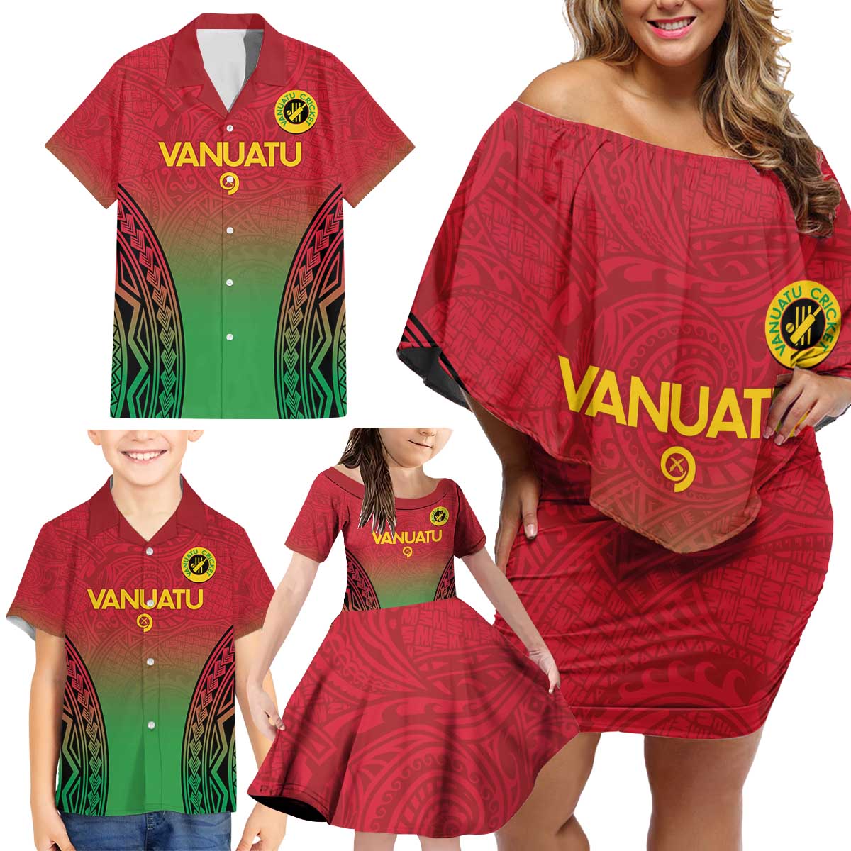 Custom Vanuatu Cricket Family Matching Off Shoulder Short Dress and Hawaiian Shirt 2024 Polynesian Pattern Sporty Style