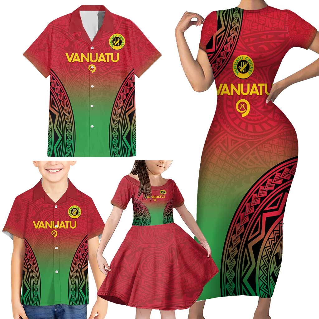 Custom Vanuatu Cricket Family Matching Short Sleeve Bodycon Dress and Hawaiian Shirt 2024 Polynesian Pattern Sporty Style