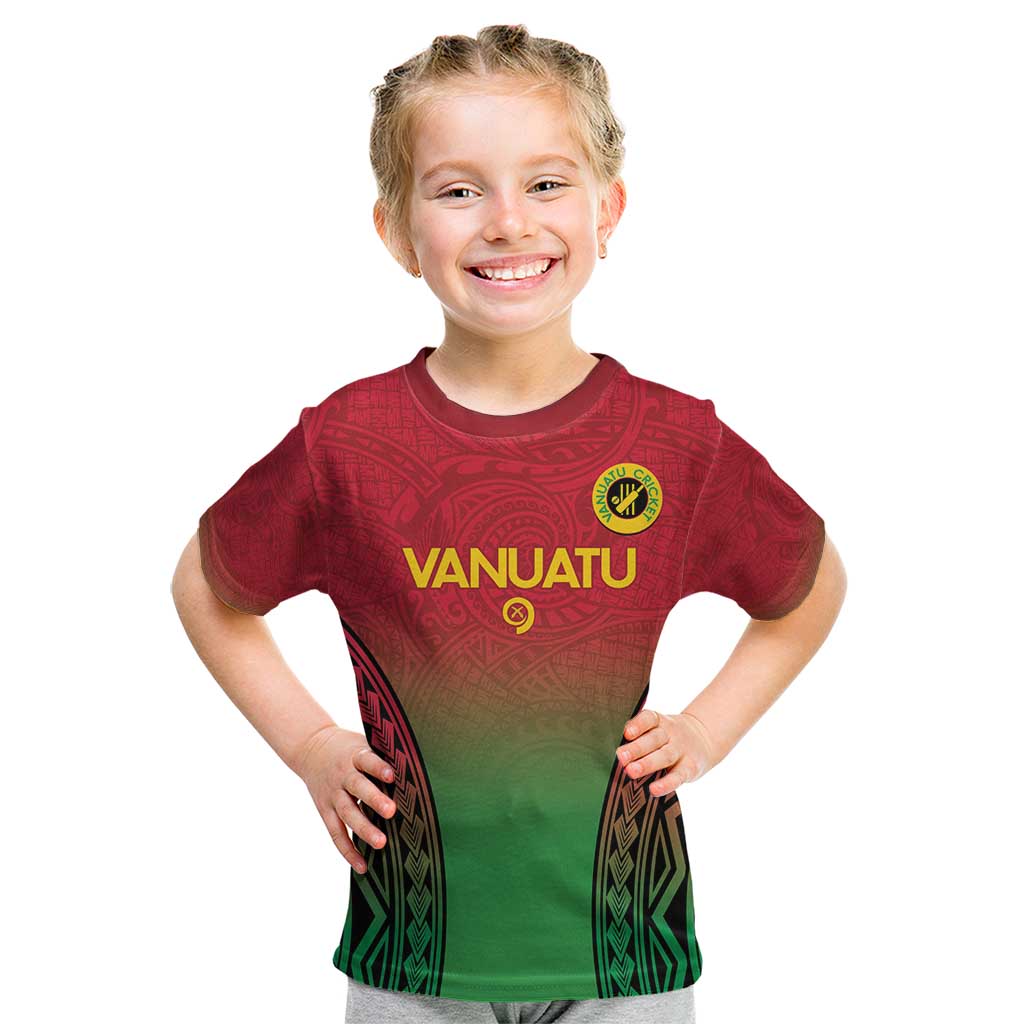 Custom Vanuatu Cricket Kid T Shirt 2024 Polynesian Pattern Sporty Style