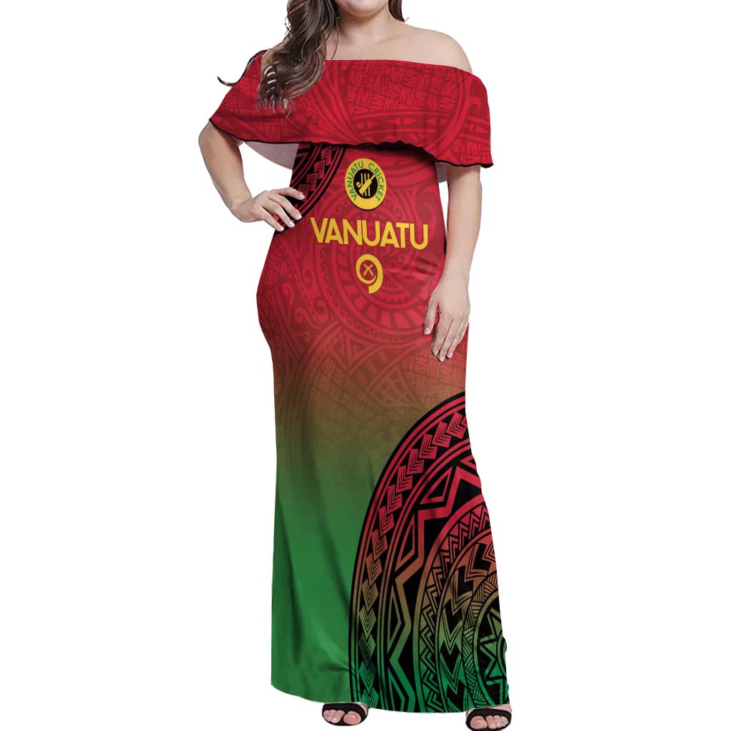Custom Vanuatu Cricket Off Shoulder Maxi Dress 2024 Polynesian Pattern Sporty Style LT14 Women Red - Polynesian Pride
