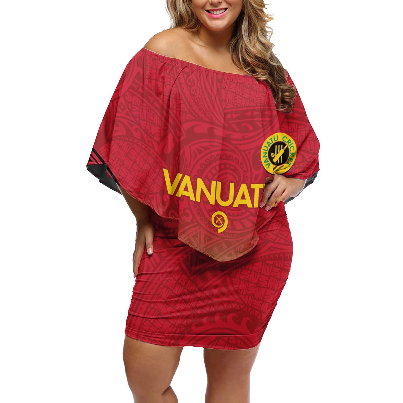 Custom Vanuatu Cricket Off Shoulder Short Dress 2024 Polynesian Pattern Sporty Style LT14 Women Red - Polynesian Pride