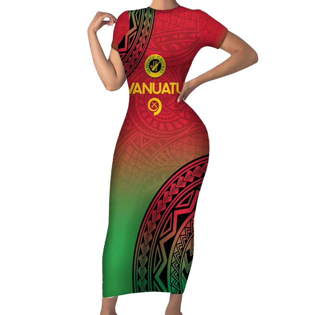 Custom Vanuatu Cricket Short Sleeve Bodycon Dress 2024 Polynesian Pattern Sporty Style