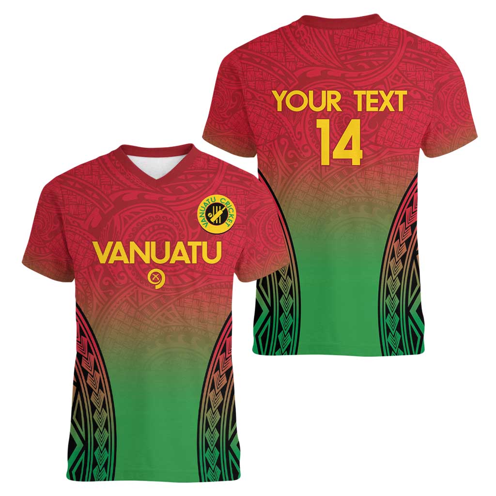 Custom Vanuatu Cricket Women V-Neck T-Shirt 2024 Polynesian Pattern Sporty Style