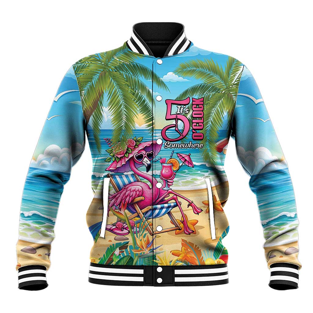 Flamingo Aloha Hawaii Baseball Jacket It's 5 OClock Somewhere Tropical Vibes LT14 Unisex Blue - Polynesian Pride
