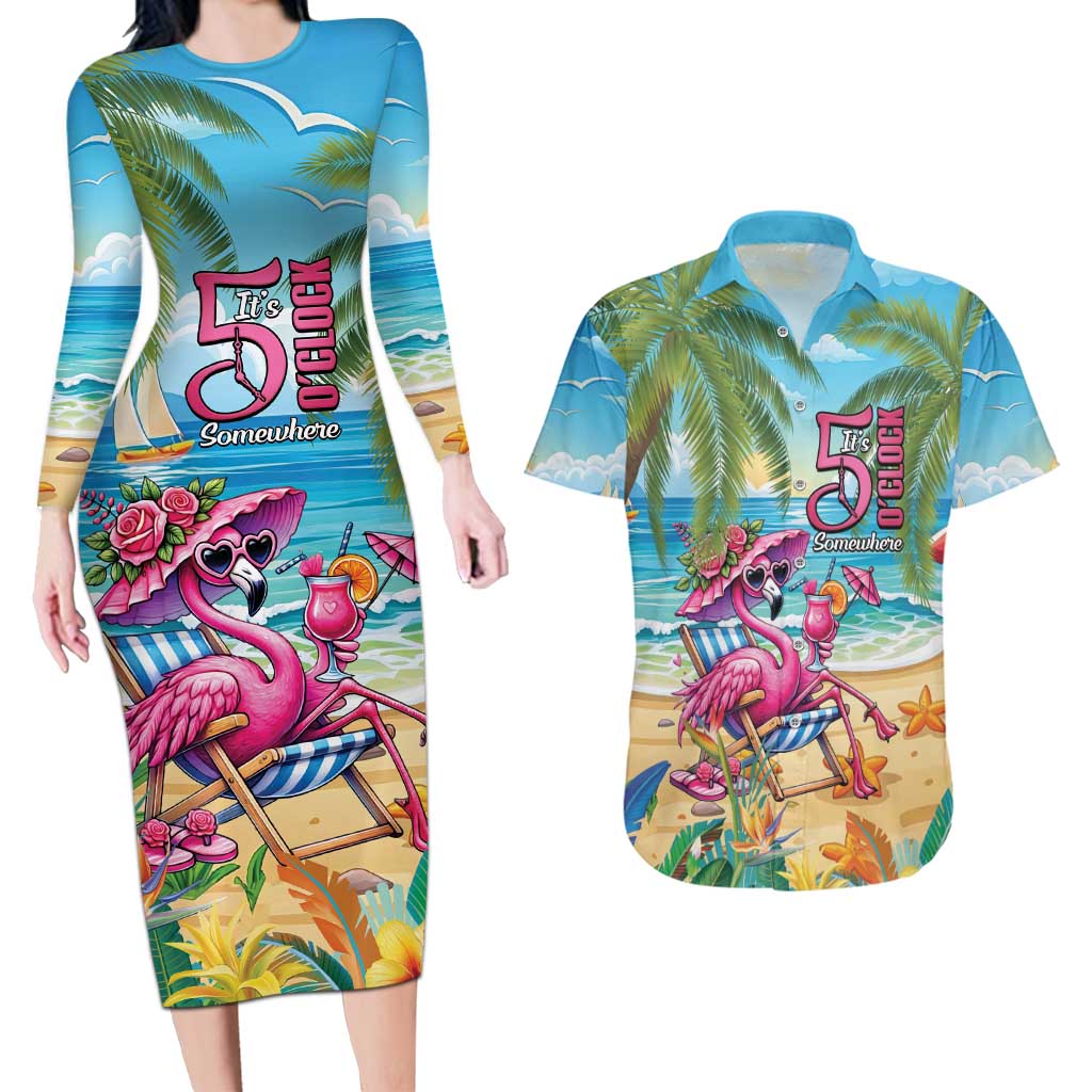 Flamingo Aloha Hawaii Couples Matching Long Sleeve Bodycon Dress and Hawaiian Shirt It's 5 OClock Somewhere Tropical Vibes LT14 Blue - Polynesian Pride