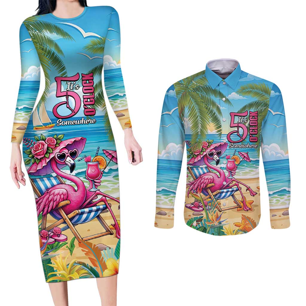 Flamingo Aloha Hawaii Couples Matching Long Sleeve Bodycon Dress and Long Sleeve Button Shirt It's 5 OClock Somewhere Tropical Vibes LT14 Blue - Polynesian Pride