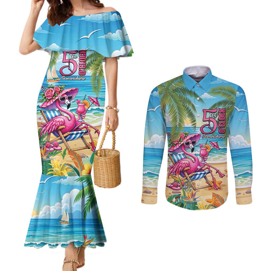 Flamingo Aloha Hawaii Couples Matching Mermaid Dress and Long Sleeve Button Shirt It's 5 OClock Somewhere Tropical Vibes LT14 Blue - Polynesian Pride