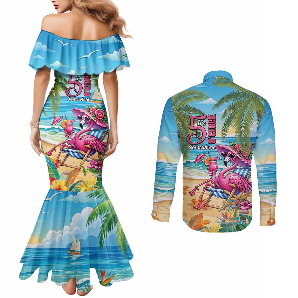 Flamingo Aloha Hawaii Couples Matching Mermaid Dress and Long Sleeve Button Shirt It's 5 OClock Somewhere Tropical Vibes LT14 - Polynesian Pride