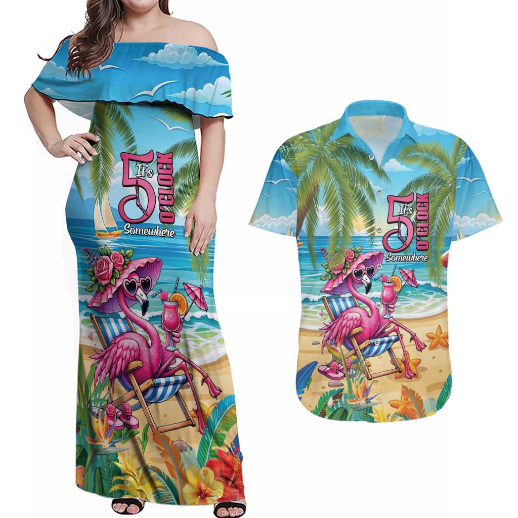 Flamingo Aloha Hawaii Couples Matching Off Shoulder Maxi Dress and Hawaiian Shirt It's 5 OClock Somewhere Tropical Vibes LT14 Blue - Polynesian Pride