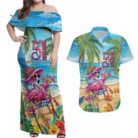 Flamingo Aloha Hawaii Couples Matching Off Shoulder Maxi Dress and Hawaiian Shirt It's 5 OClock Somewhere Tropical Vibes LT14 Blue - Polynesian Pride