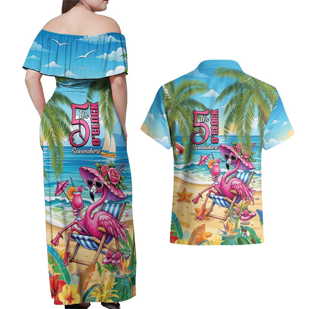 Flamingo Aloha Hawaii Couples Matching Off Shoulder Maxi Dress and Hawaiian Shirt It's 5 OClock Somewhere Tropical Vibes LT14 - Polynesian Pride