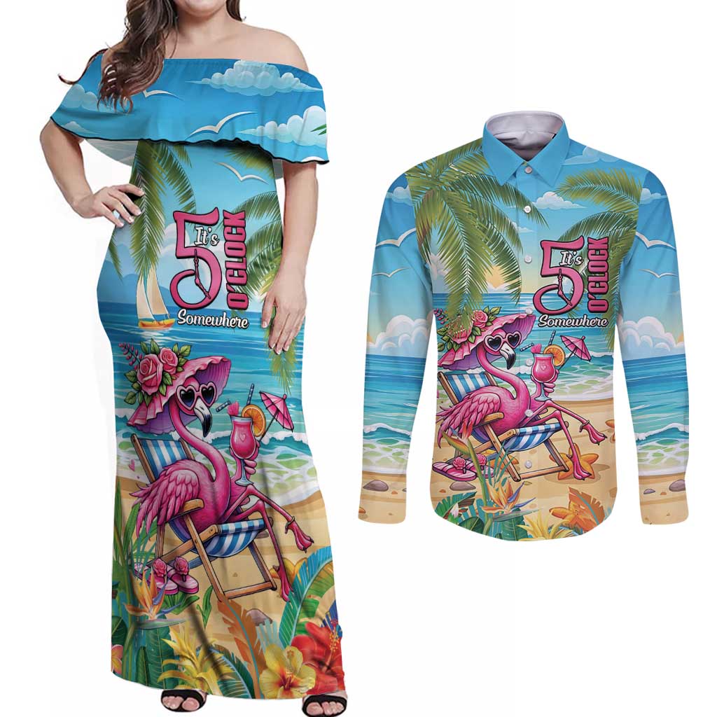 Flamingo Aloha Hawaii Couples Matching Off Shoulder Maxi Dress and Long Sleeve Button Shirt It's 5 OClock Somewhere Tropical Vibes LT14 Blue - Polynesian Pride