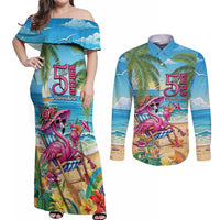 Flamingo Aloha Hawaii Couples Matching Off Shoulder Maxi Dress and Long Sleeve Button Shirt It's 5 OClock Somewhere Tropical Vibes LT14 Blue - Polynesian Pride