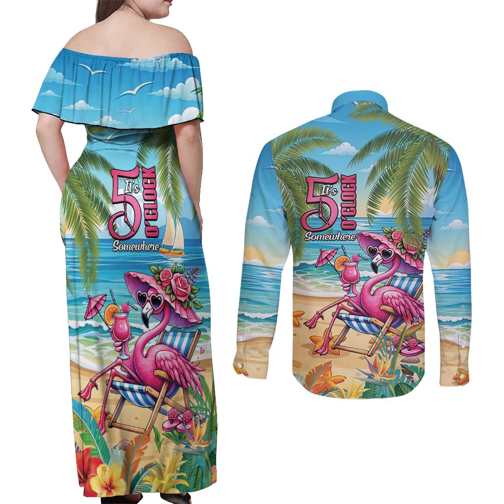 Flamingo Aloha Hawaii Couples Matching Off Shoulder Maxi Dress and Long Sleeve Button Shirt It's 5 OClock Somewhere Tropical Vibes LT14 - Polynesian Pride