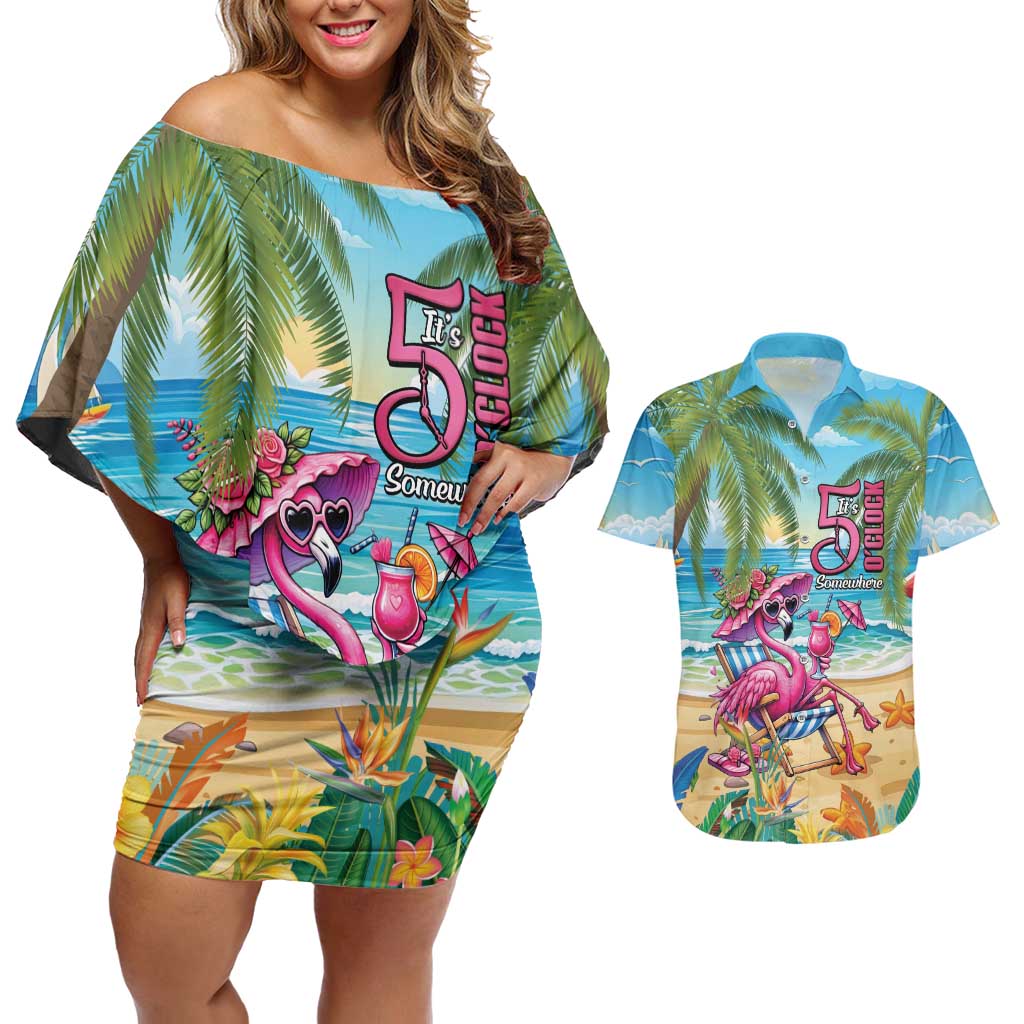 Flamingo Aloha Hawaii Couples Matching Off Shoulder Short Dress and Hawaiian Shirt It's 5 OClock Somewhere Tropical Vibes LT14 Blue - Polynesian Pride