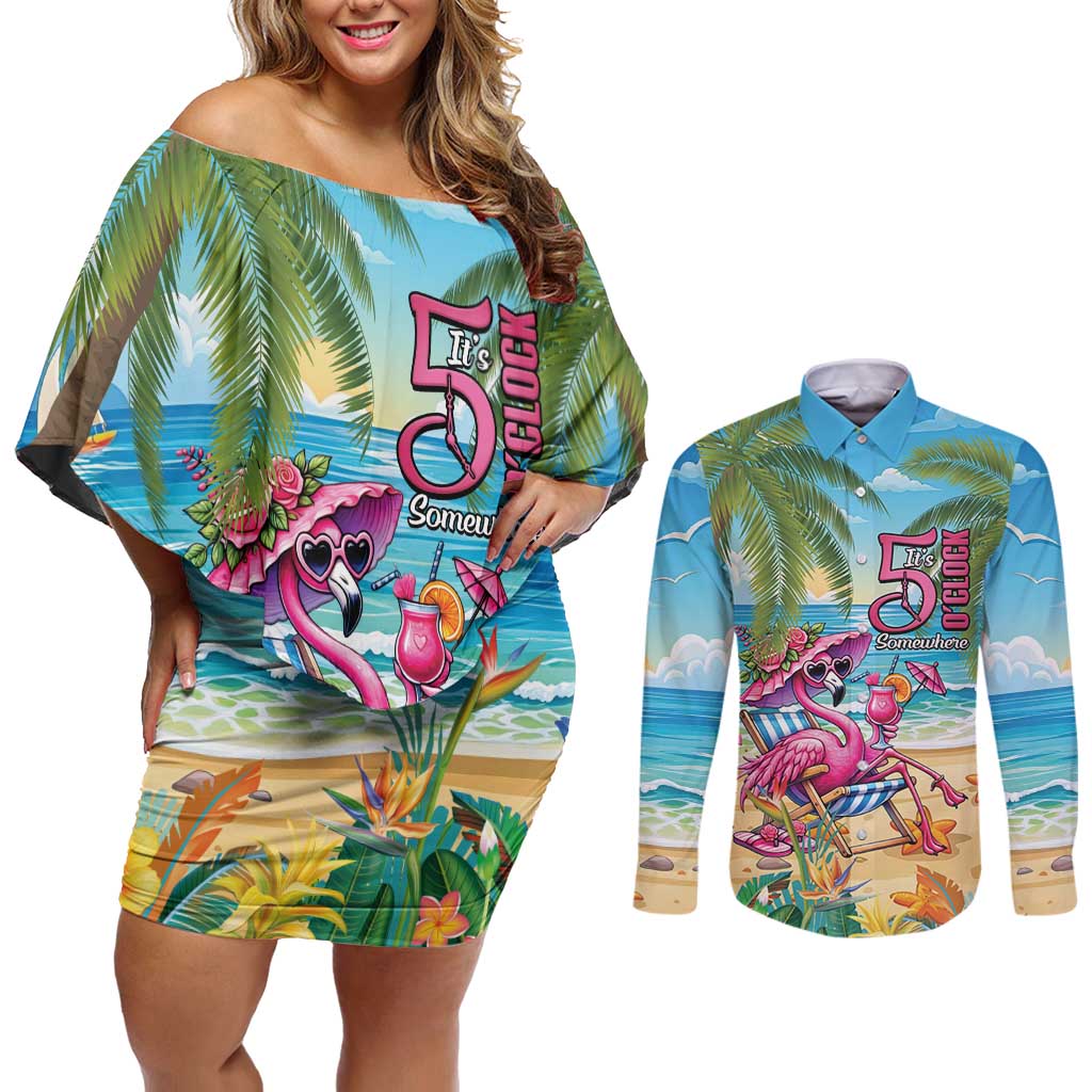 Flamingo Aloha Hawaii Couples Matching Off Shoulder Short Dress and Long Sleeve Button Shirt It's 5 OClock Somewhere Tropical Vibes LT14 Blue - Polynesian Pride