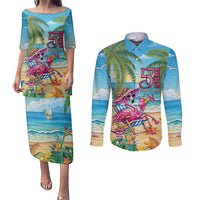 Flamingo Aloha Hawaii Couples Matching Puletasi and Long Sleeve Button Shirt It's 5 OClock Somewhere Tropical Vibes LT14 Blue - Polynesian Pride