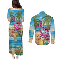 Flamingo Aloha Hawaii Couples Matching Puletasi and Long Sleeve Button Shirt It's 5 OClock Somewhere Tropical Vibes LT14 - Polynesian Pride