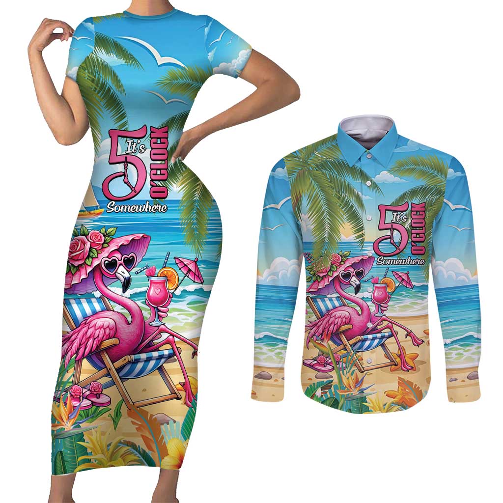Flamingo Aloha Hawaii Couples Matching Short Sleeve Bodycon Dress and Long Sleeve Button Shirt It's 5 OClock Somewhere Tropical Vibes LT14 Blue - Polynesian Pride
