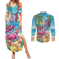 Flamingo Aloha Hawaii Couples Matching Summer Maxi Dress and Long Sleeve Button Shirt It's 5 OClock Somewhere Tropical Vibes LT14 Blue - Polynesian Pride