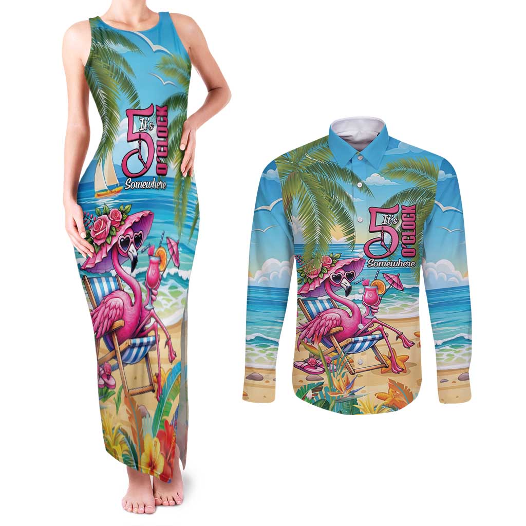 Flamingo Aloha Hawaii Couples Matching Tank Maxi Dress and Long Sleeve Button Shirt It's 5 OClock Somewhere Tropical Vibes LT14 Blue - Polynesian Pride