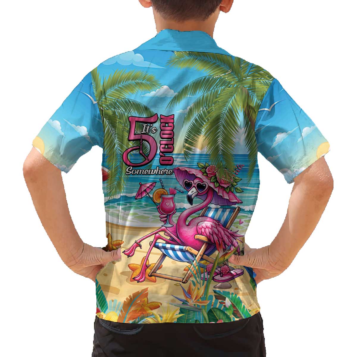 Flamingo Aloha Hawaii Family Matching Off The Shoulder Long Sleeve Dress and Hawaiian Shirt It's 5 O’Clock Somewhere Tropical Vibes - Polynesian Pride