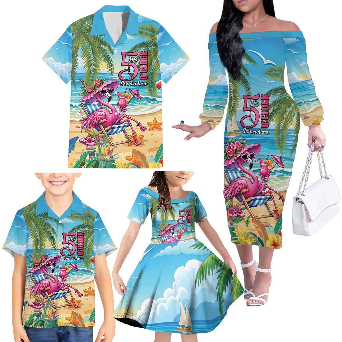 Flamingo Aloha Hawaii Family Matching Off The Shoulder Long Sleeve Dress and Hawaiian Shirt It's 5 OClock Somewhere Tropical Vibes LT14 - Polynesian Pride