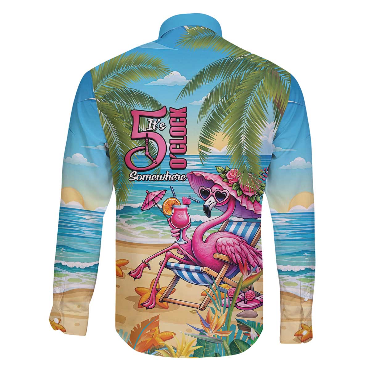 Flamingo Aloha Hawaii Family Matching Off The Shoulder Long Sleeve Dress and Hawaiian Shirt It's 5 O’Clock Somewhere Tropical Vibes - Polynesian Pride