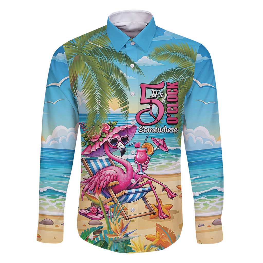 Flamingo Aloha Hawaii Family Matching Off Shoulder Maxi Dress and Hawaiian Shirt It's 5 OClock Somewhere Tropical Vibes LT14 Dad's Shirt - Long Sleeve Blue - Polynesian Pride