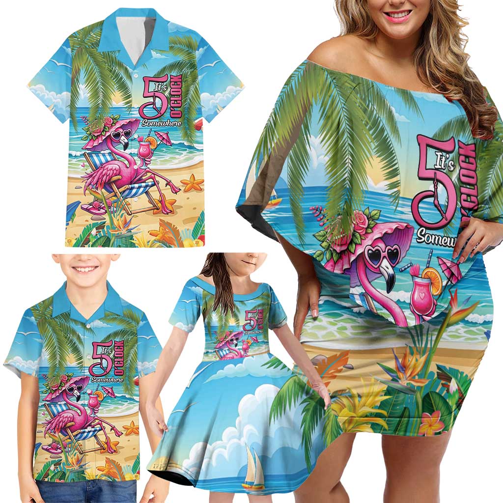 Flamingo Aloha Hawaii Family Matching Off Shoulder Short Dress and Hawaiian Shirt It's 5 OClock Somewhere Tropical Vibes LT14 - Polynesian Pride