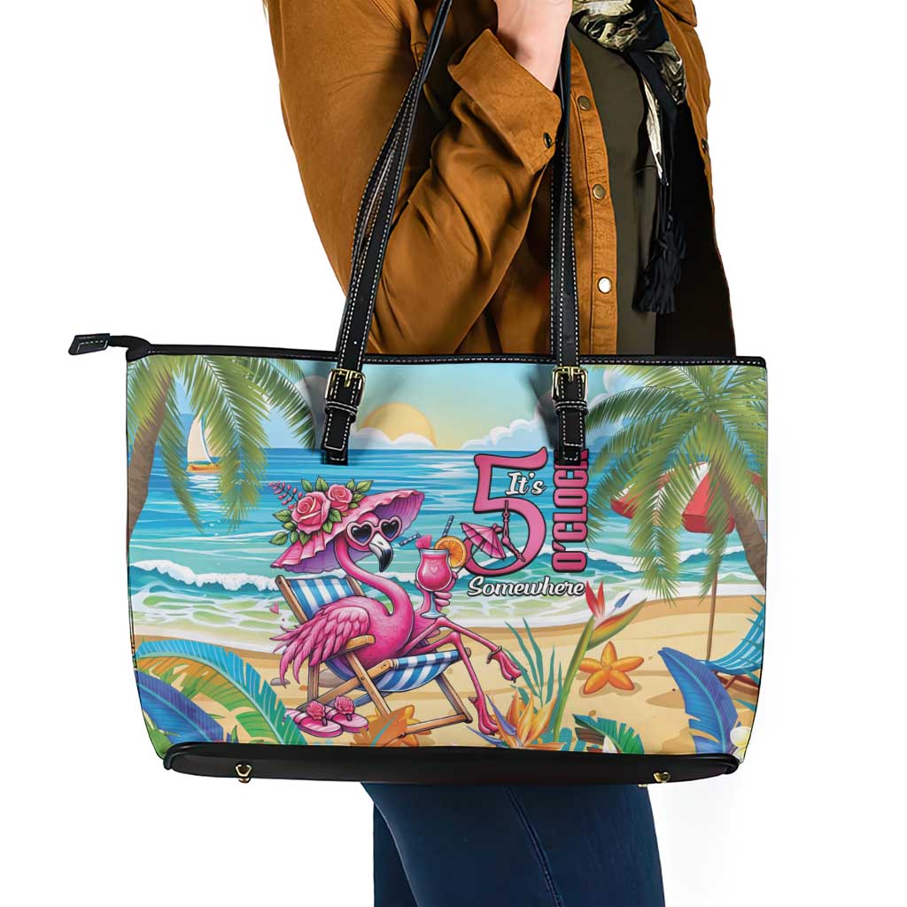 Flamingo Aloha Hawaii Leather Tote Bag It's 5 O’Clock Somewhere Tropical Vibes - Polynesian Pride