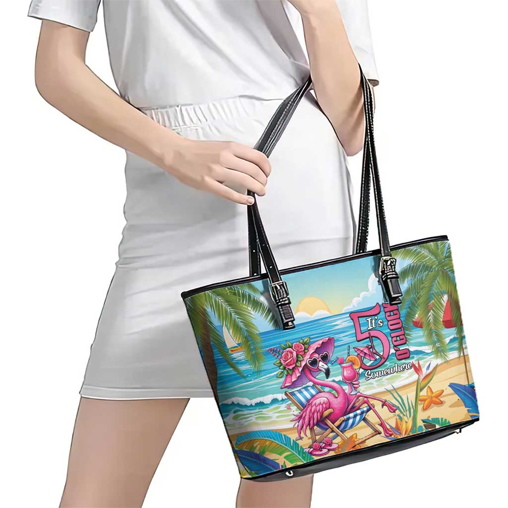 Flamingo Aloha Hawaii Leather Tote Bag It's 5 O’Clock Somewhere Tropical Vibes - Polynesian Pride