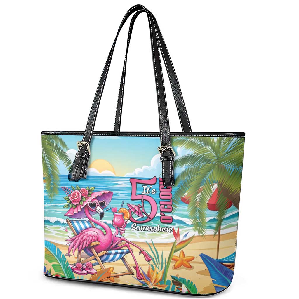 Flamingo Aloha Hawaii Leather Tote Bag It's 5 O’Clock Somewhere Tropical Vibes - Polynesian Pride