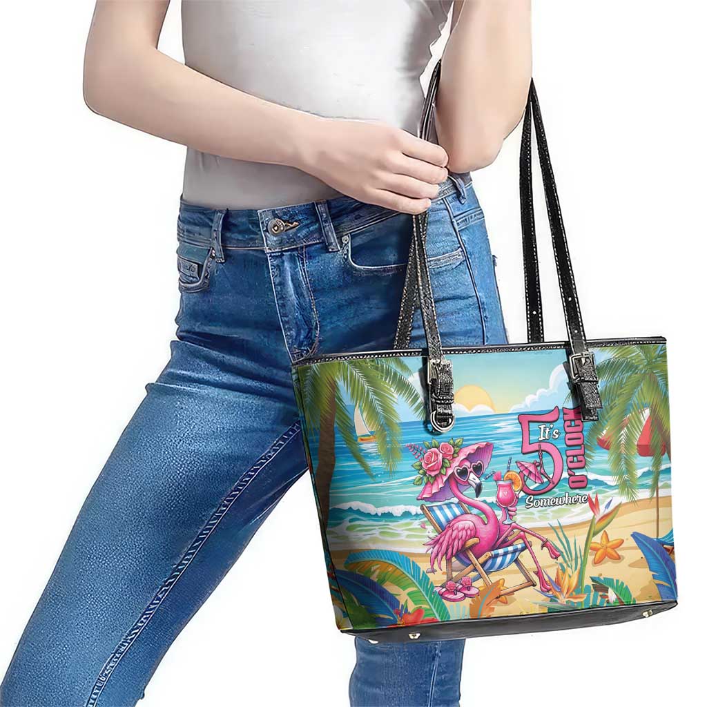 Flamingo Aloha Hawaii Leather Tote Bag It's 5 O’Clock Somewhere Tropical Vibes - Polynesian Pride