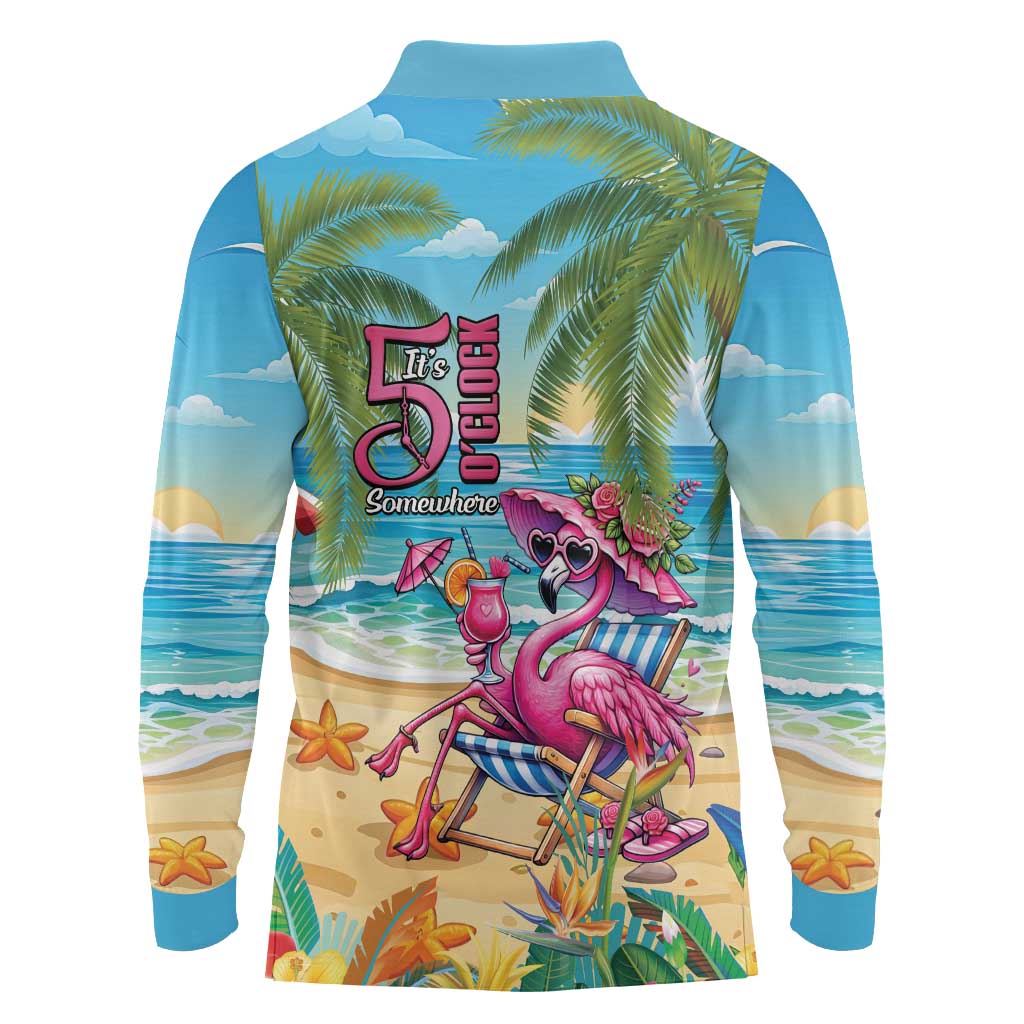 Flamingo Aloha Hawaii Long Sleeve Polo Shirt It's 5 O’Clock Somewhere Tropical Vibes - Polynesian Pride