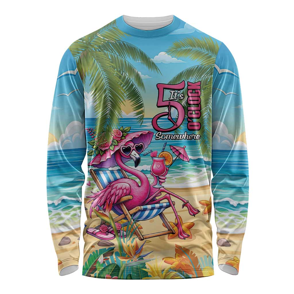 Flamingo Aloha Hawaii Long Sleeve Shirt It's 5 OClock Somewhere Tropical Vibes LT14 Unisex Blue - Polynesian Pride
