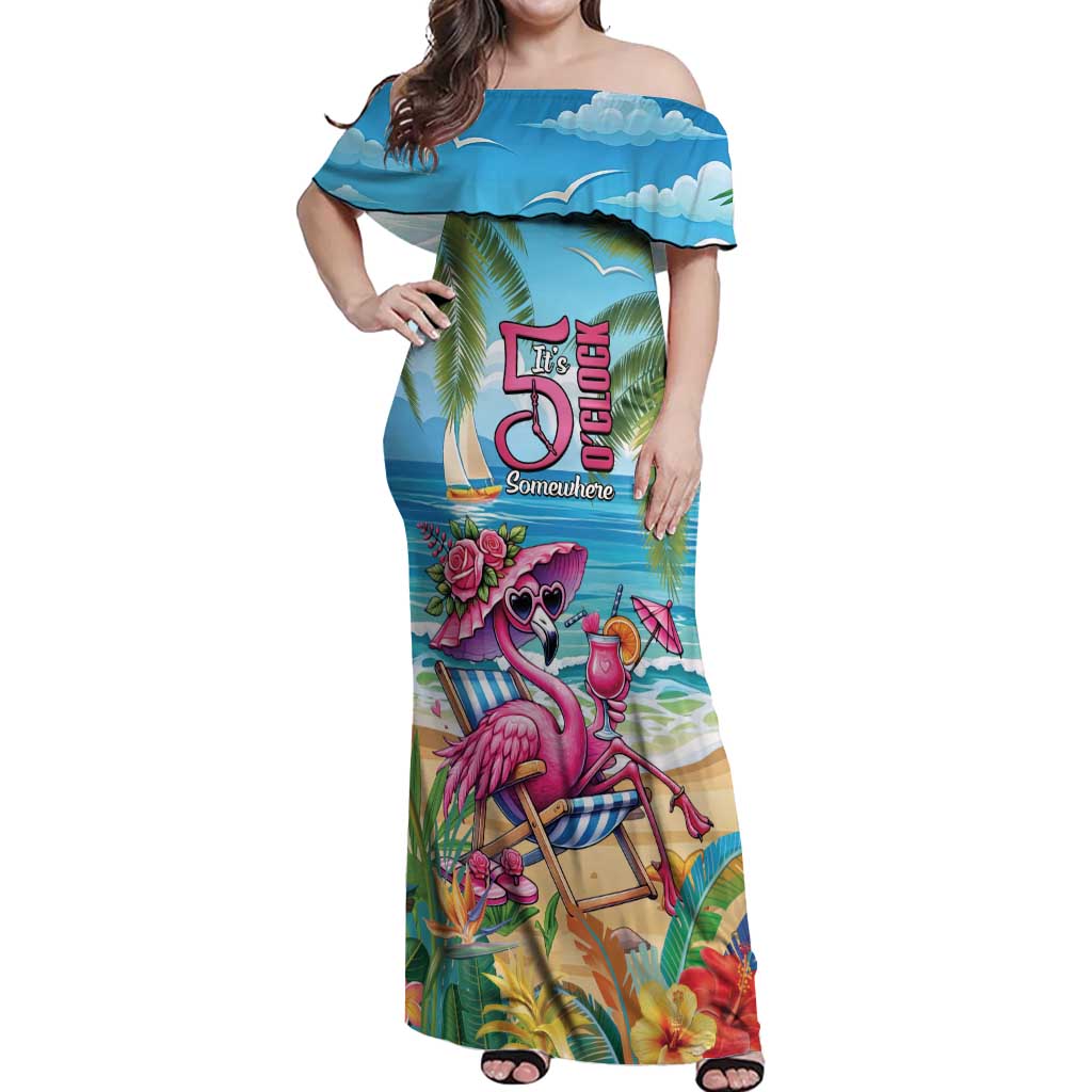Flamingo Aloha Hawaii Off Shoulder Maxi Dress It's 5 O’Clock Somewhere Tropical Vibes - Polynesian Pride