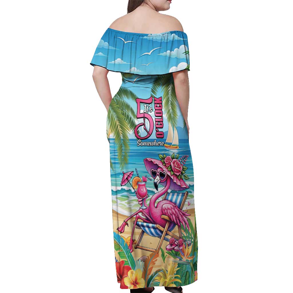 Flamingo Aloha Hawaii Off Shoulder Maxi Dress It's 5 O’Clock Somewhere Tropical Vibes - Polynesian Pride