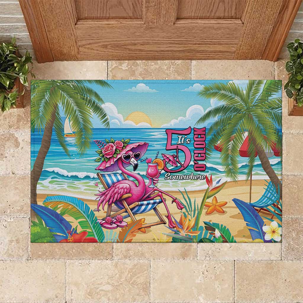 Flamingo Aloha Hawaii Rubber Doormat It's 5 OClock Somewhere Tropical Vibes LT14 Blue - Polynesian Pride